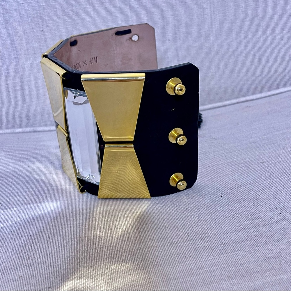 🖤 Balmain X H&M leather statement bracelet mirror gold tone suede rhinestone - Picture 12 of 13